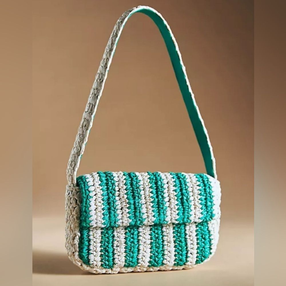 Anthropologie Green and Cream Crochet Shoulder Bag